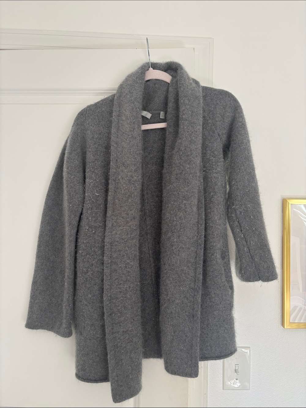 Vince Heather Gray Open-Front Shawl Collar 100% Cashmere Cardigan